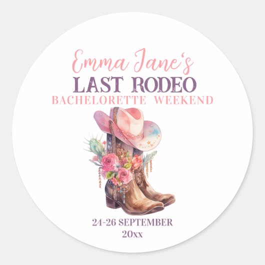 Cowgirl Last Rodeo Roze Bachelorette Ronde Sticker (Voorkant)