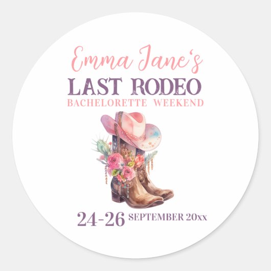 Cowgirl Last Rodeo Roze Bachelorette Ronde Sticker (Voorkant)