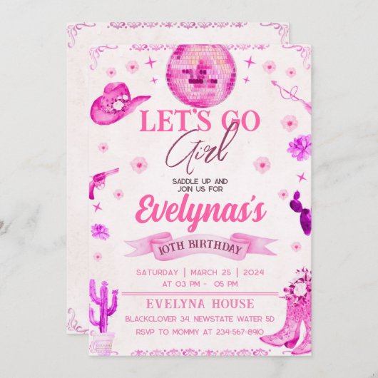 Cowgirl Laten we naar het feest gaan uitnodiging (Voorkant / Achterkant)