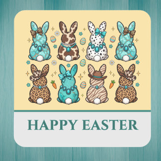 Cowgirl Leopard Print Blue Brown Easter Bunnies   Vierkante Sticker