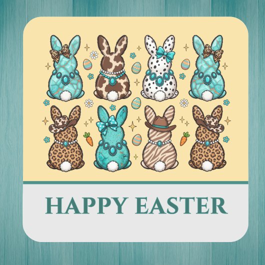 Cowgirl Leopard Print Blue Brown Easter Bunnies   Vierkante Sticker