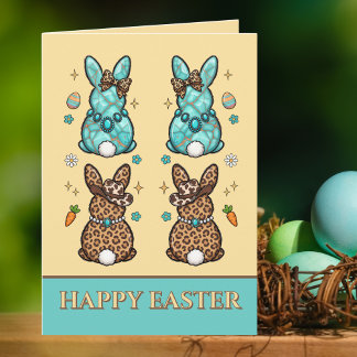 Cowgirl Leopard Print Teal Brown Bunnies  Easter  Kaart