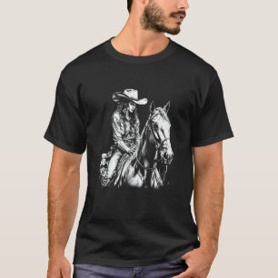 Cowgirl met attitude die op paard rijdt, donkere w t-shirt