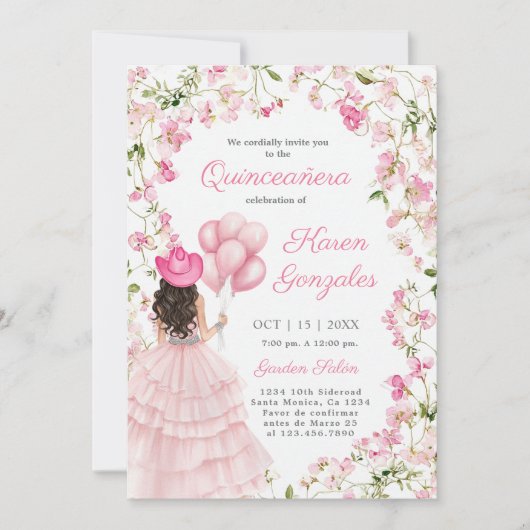 Cowgirl met ballonnen Quinceañera Uitnodiging (Voorkant)