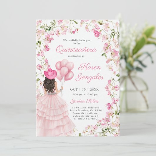 Cowgirl met ballonnen Quinceañera Uitnodiging (Staand voorkant)