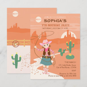 Cowgirl met een lasso en cactussen Kinderverjaarda Uitnodiging Briefkaart