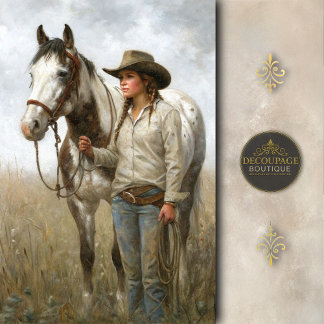 Cowgirl Met Gevlekt Paard In Het Veld Decoupage Tissuepapier