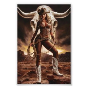  cowgirl met Koe schedel Foto Afdruk