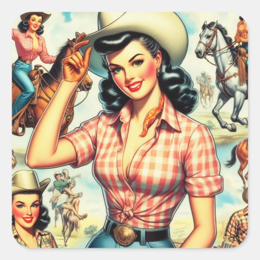  cowgirl naadloze illustratie vierkante sticker (Voorkant)