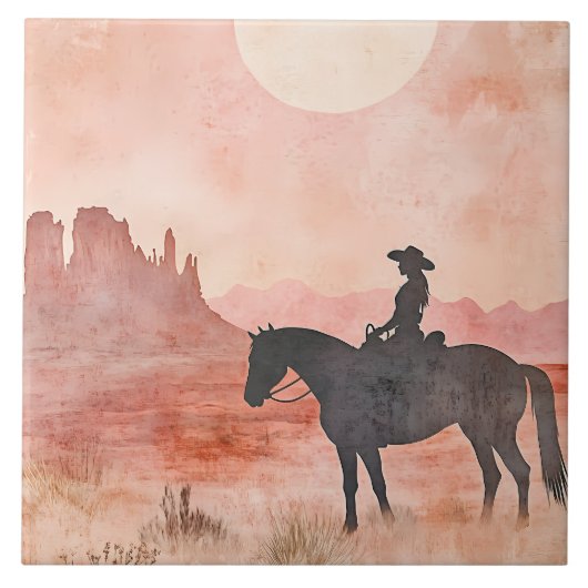 Cowgirl on Horse Southwestern Sunset Scene Tegeltje (Voorkant)