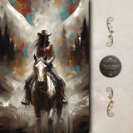 Cowgirl on White Horse Trail Decoupage Tissuepapier