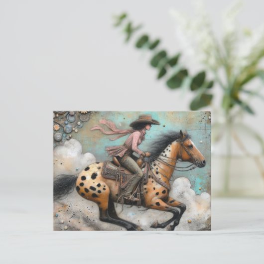 Cowgirl op een Appaloosa Paard Briefkaart (Staand voorkant)