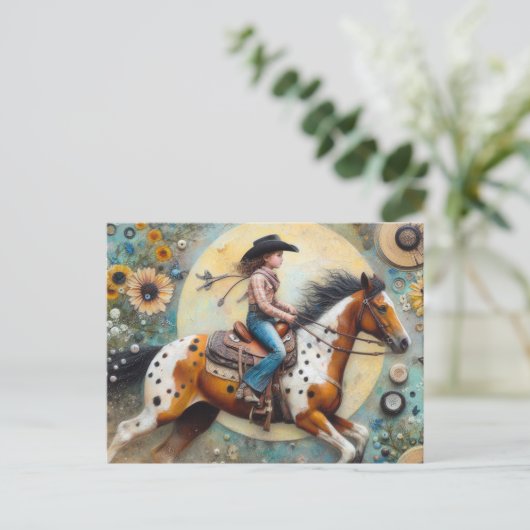 Cowgirl op een Pintolosa Paard Briefkaart (Staand voorkant)