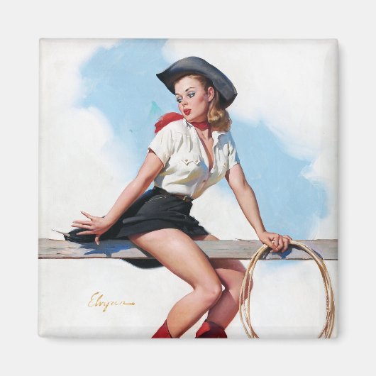 Cowgirl op Fence Pin Up Magneet (Voorkant)