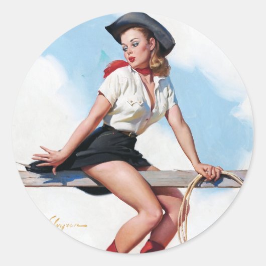 Cowgirl op Fence Pin Up Ronde Sticker (Voorkant)