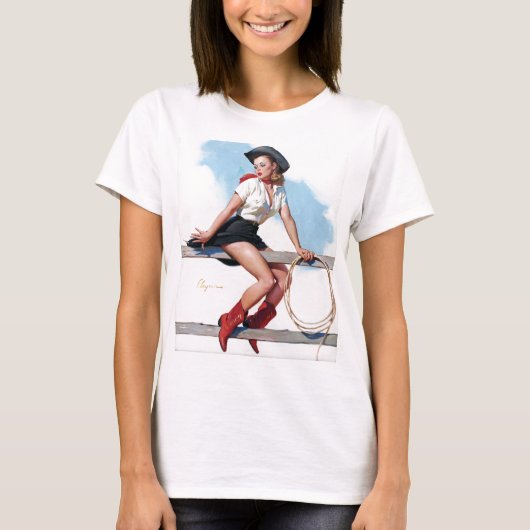 Cowgirl op Fence Pin Up T-shirt (Voorkant)