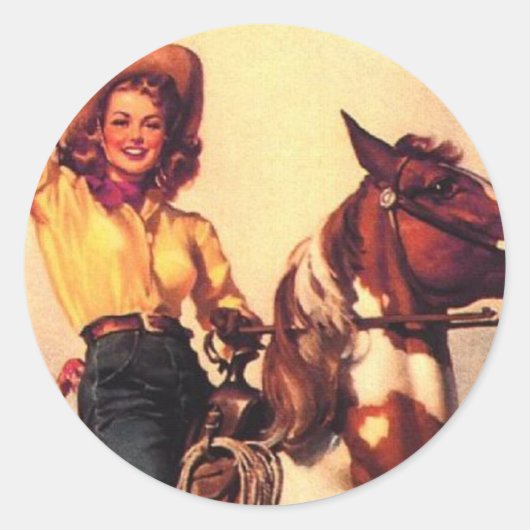 Cowgirl op haar paard ronde sticker (Voorkant)
