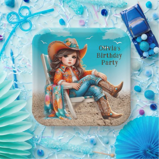 Cowgirl op het strand meisje verjaardagsfeest papieren bordje (Feest)