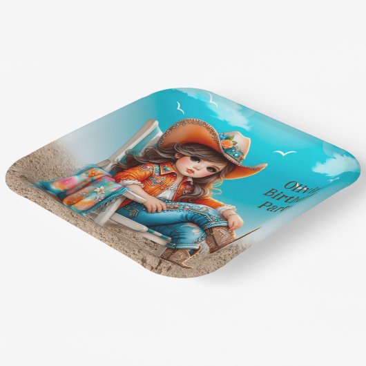Cowgirl op het strand meisje verjaardagsfeest papieren bordje (Gebogen)