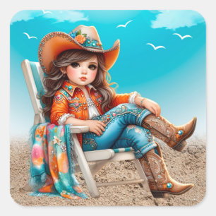 Cowgirl op het strand meisje verjaardagsfeest vierkante sticker