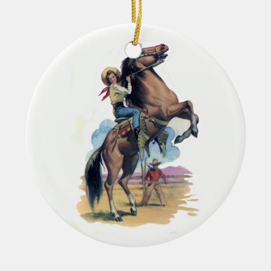 Cowgirl op paard keramisch ornament (Voorkant)