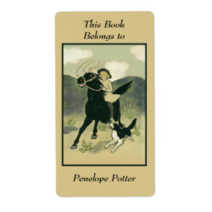  Cowgirl op paard met Dog Bookplate Etiket