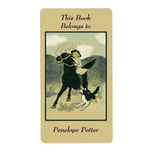  Cowgirl op paard met Dog Bookplate Etiket (Voorkant)