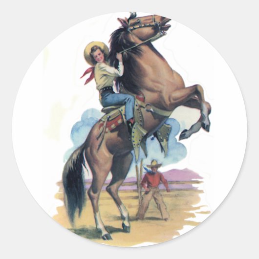 Cowgirl op Paard Ronde Sticker (Voorkant)