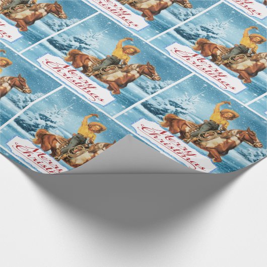  cowgirl op paard winter vrolijk kerstfeest cadeaupapier (Hoek)
