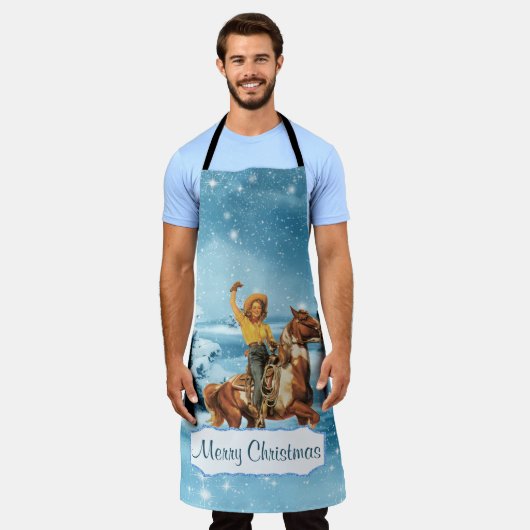  cowgirl op paard winter vrolijk kerstfeest schort (Gedragen)