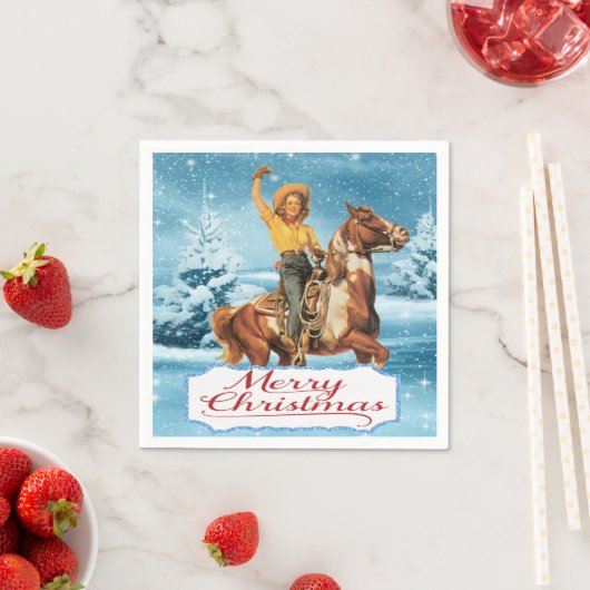 cowgirl op paard winter vrolijk kerstfeest servet (Insitu)
