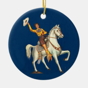  cowgirl op paard zwaaien Pet Keramisch Ornament
