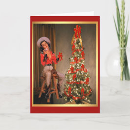  cowgirl op zadel met kerstboom feestdagen kaart