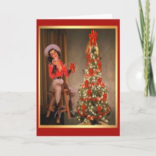 cowgirl op zadel met kerstboom feestdagen kaart
