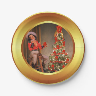 Cowgirl op zadels met Borden met kerstbomen Papieren Bordje