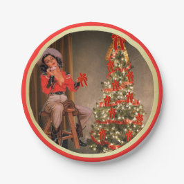 Cowgirl op zadels met kerstboom Gold Red Papieren Bordje
