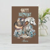 Cowgirl paard bloemig western bruin Verjaardag (Staand voorkant)