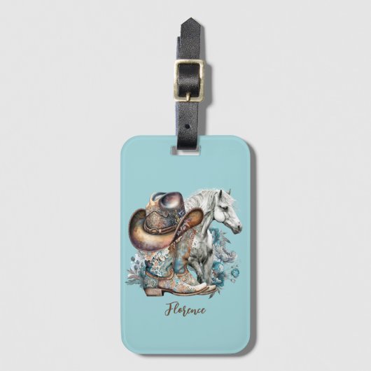 Cowgirl paard cowboylaarzen pet bloemig western bagagelabel (Voorkant (verticaal))
