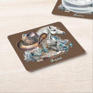 Cowgirl paard cowboylaarzen pet bloemig western kartonnen onderzetters