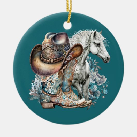 Cowgirl paard cowboylaarzen pet bloemig western keramisch ornament (Voorkant)