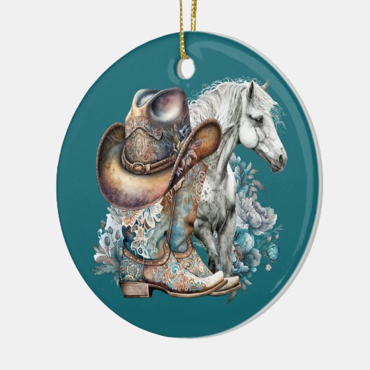 Cowgirl paard cowboylaarzen pet bloemig western keramisch ornament (Links)