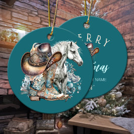 Cowgirl paard cowboylaarzen pet bloemig western keramisch ornament