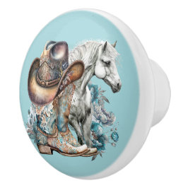 Cowgirl paard cowboylaarzen pet bloemig western keramische knop