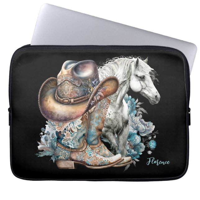 Cowgirl paard cowboylaarzen pet bloemig western laptop sleeve (Voorkant)