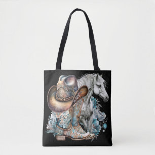 Cowgirl paard cowboylaarzen pet bloemig western tote bag