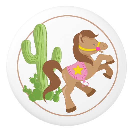 Cowgirl Paard en Cactus Keramische Knop (Voorkant)
