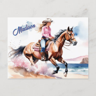 Cowgirl Paardrijden op het strand door Ocean Custo Briefkaart