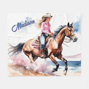 Cowgirl Paardrijden op het strand door Ocean Custo Fleece Deken