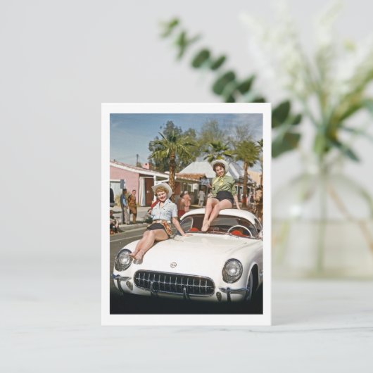 Cowgirl, parade, auto, kleurrijk, Retro Briefkaart (Staand voorkant)