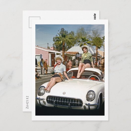 Cowgirl, parade, auto, kleurrijk, Retro Briefkaart (Voorkant / Achterkant)